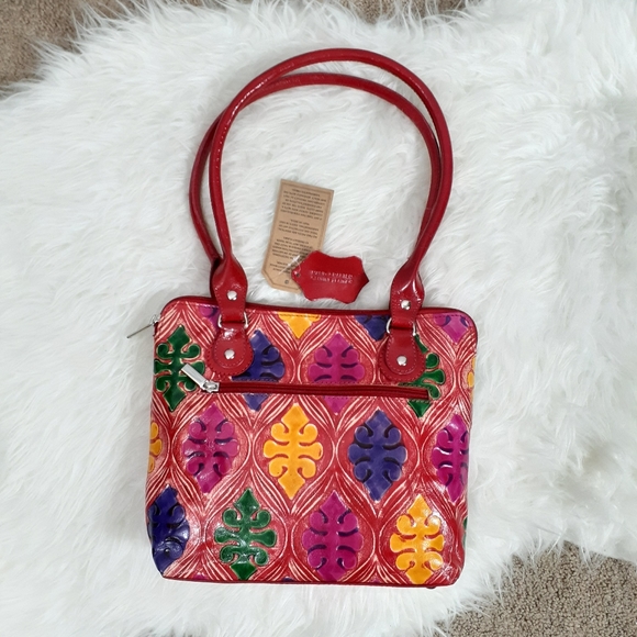VIVID by Sukriti 100% Leather Red Damask Pattern Hand-Painted Bag - Picture 2 of 16